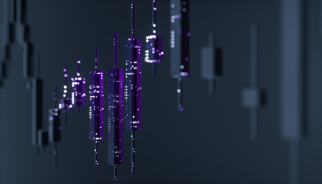 Futuristic candlestick trading chart with data points. AI financial market concept. 3d rendering
