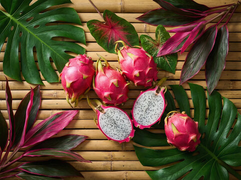 Composizione artistica di fiori e sezione di frutto del drago su sfondo botanico