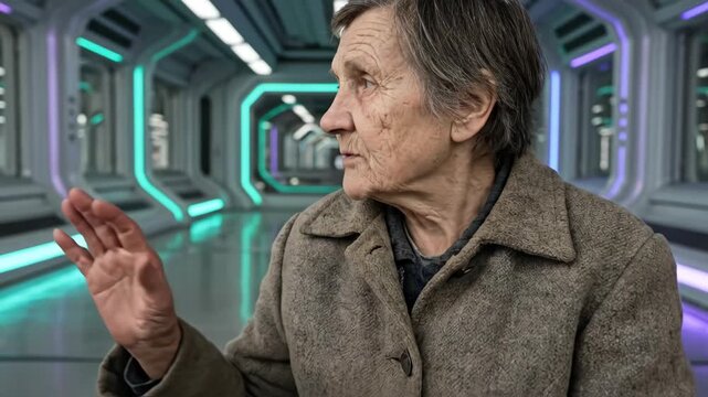 Elderly woman with a weathered face and a simple coat standing in a brightly lit, modern futuristic sci-fi corridor, depicting a contrast between old and new, tradition and technological advancement