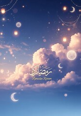 Evening sky with glowing lanterns and crescent moons decorative ramadan greeting