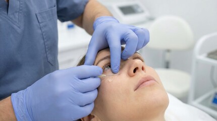 Naklejka premium Dermatologist precisely administers a cosmetic injection near the eye of a female client lying down in a bright treatment room.