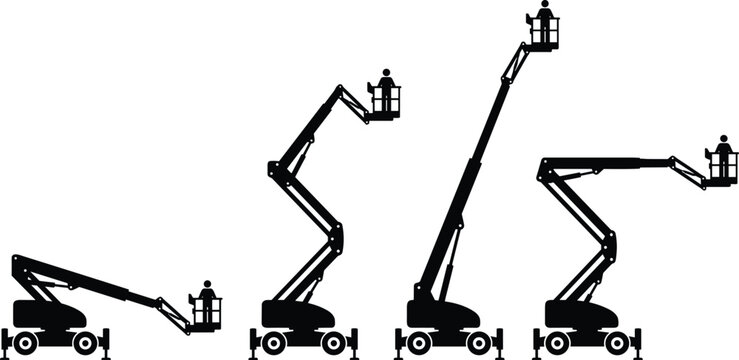 Cherry picker lift silhouette sequence, aerial work platform machine with operator isolated on white background illustration