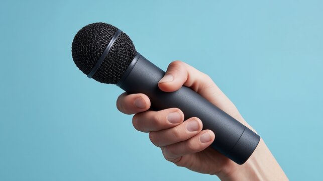 Human hand gripping a modern black dynamic microphone against a vibrant light cyan blue studio background, concept for professional broadcasting, audio recording and live interviews