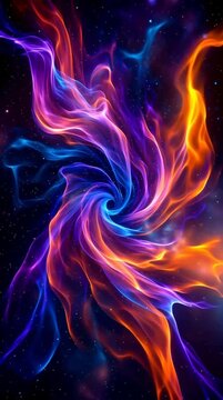 Vibrant swirling flames dance in a cosmic night sky viewed from a distant perspective