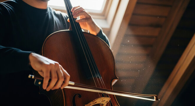 Person playing a double bass in a warmly lit room