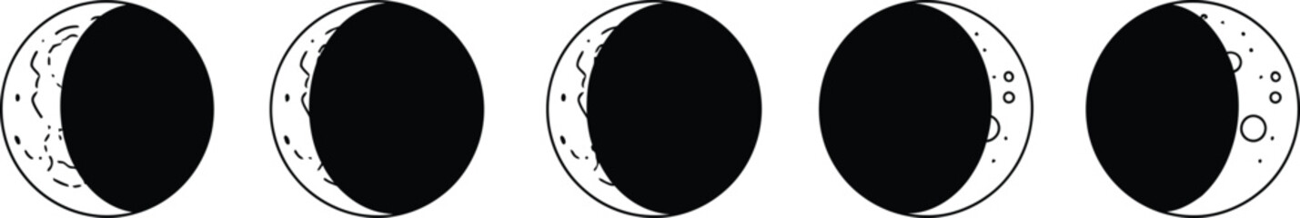 Set of minimalist moon phase icons illustrating the lunar cycle with simple flat vector design elements for astronomy science and educational applications