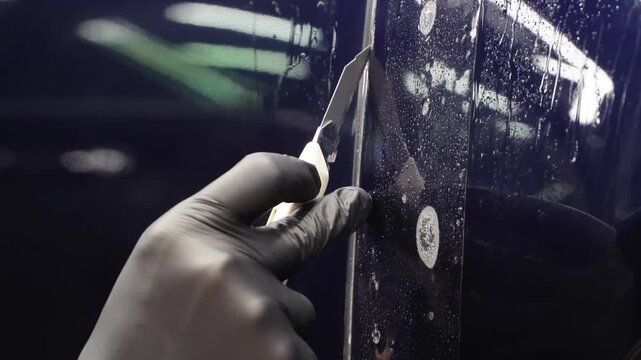 A car wrapping specialist applies a polyurethane film to the car. Selective focus. PPF protective film against chips and scratches. Anti-gravity protection. PFF is installed. Car wrapping close-up.