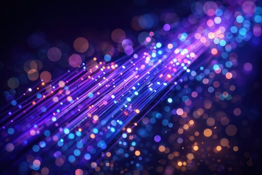 Abstract glowing fiber optics threads with bokeh light effects and blur