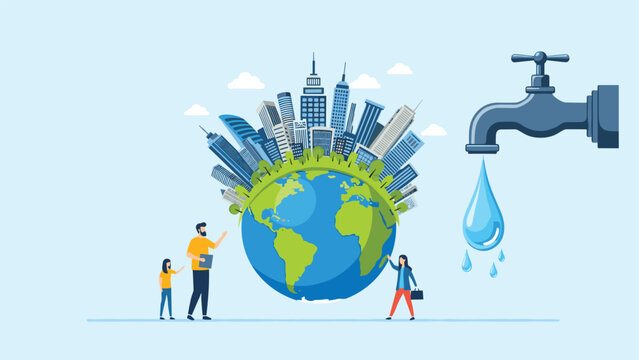 Family and professional figures stand near a globe with a city skyline and a giant tap to illustrate urban water supply management.