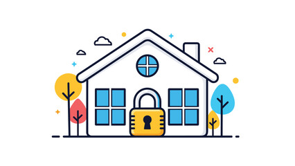 Fototapeta premium Colorful line art of a white house with a yellow padlock on the door surrounded by trees representing home security and property protection.