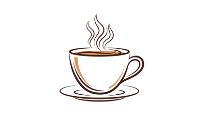 Obraz premium Elegant line drawing of a steaming coffee cup on a saucer features swirling steam lines and a warm brown color palette for cafe branding.