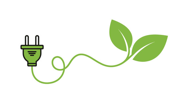 Electric plug icon in green with a long cord forming a winding path that ends in two leaves symbolizes clean energy and eco-friendly power.