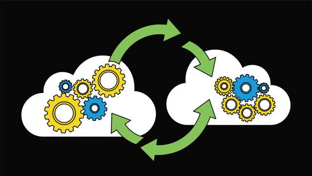 Two clouds with colorful gears inside connected by green circular arrows represents cloud synchronization and automated data processing systems.