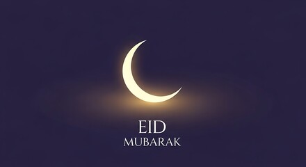 Glowing crescent moon with eid mubarak text on dark background