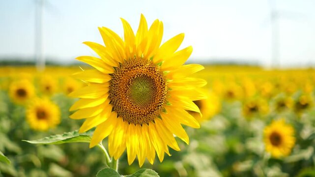 A bright yellow sunflower sways softly in a sunny field for eight seconds. The close-up shot reveals its detailed head, with countless sunflowers blurring into the distance, framed by modern wind tur