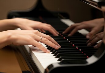 Fototapeta premium Elegant hands on grand piano keys creating a musical masterpiece sound