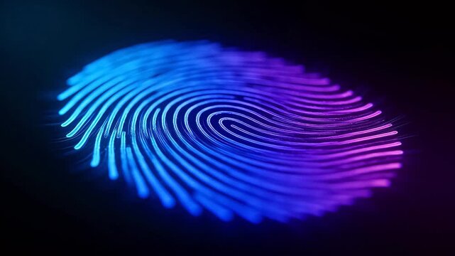 Glowing blue fingerprint identity scan with digital spiral pattern on dark background