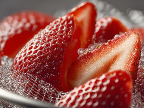 Detailed botanical study of Fragaria ananassa sections, revealing epidermal texture and cellular hydration on a metallic mesh.