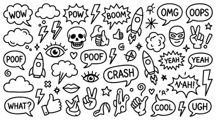 Comic boom cartoon effect line element set. Comic speech bubble pow, boom text, explosive splash smoke, wow cartoon vector icon. Hand drawn sketch doodle explosive element. Vector illustration.