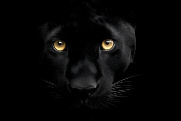 Close up of a sleek black panther face staring intensely with bright yellow eyes isolated on a deep black background, concept for nature conservation, wildlife documentary and luxury branding