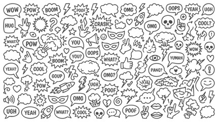 Comic boom cartoon effect line element set. Comic speech bubble pow, boom text, explosive splash smoke, wow cartoon vector icon. Hand drawn sketch doodle explosive element. Vector illustration. © Creative Design