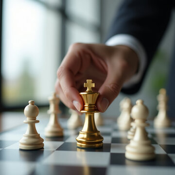 Gold chess king strategic leadership concept hand moves piece on board, businessman making decisive move in close up emotional focus