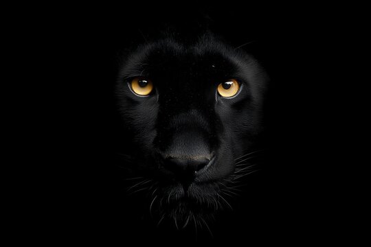Intense close-up portrait of a black panther with piercing yellow eyes emerging from a completely dark background, concept for strength, wildlife conservation and abstract design