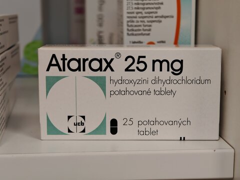 Prague,Czech Republic-23.01.2026: Atarax containing hydroxyzine used for treatment of anxiety and allergic conditions
