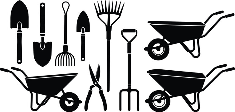 Collection of Black Silhouette Garden Tools and Wheelbarrows, vector icon set illustrating essential gardening equipment, wheelbarrow carts, yard maintenance tools, landscaping symbols, agriculture 
