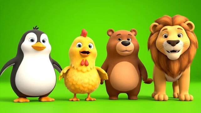 Cartoon animals grouped together on a vibrant green background