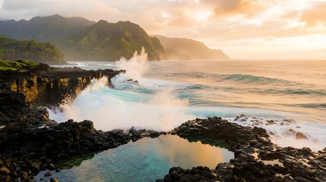 Turquoise Waters Crashing Against Black Rocks with Lush Green Mountains Under an Orange Sky