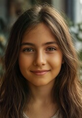 Obraz premium beautiful young girl with warm smile and captivating brown eyes portrait.