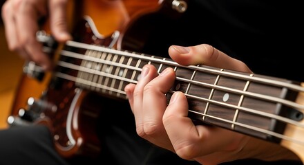 Obraz premium Close-up shot capturing the focused performance on an electric bass