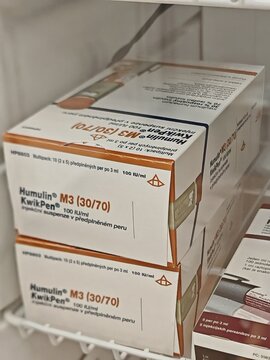 Prague,Czech Republic-23.01.2026: Humulin KwikPen by Eli Lilly containing human insulin used for treatment of diabetes mellitus
