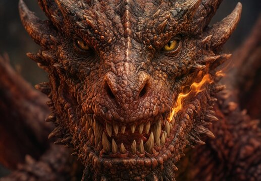intense close-up of a fierce dragon with glowing eyes and fiery breath.