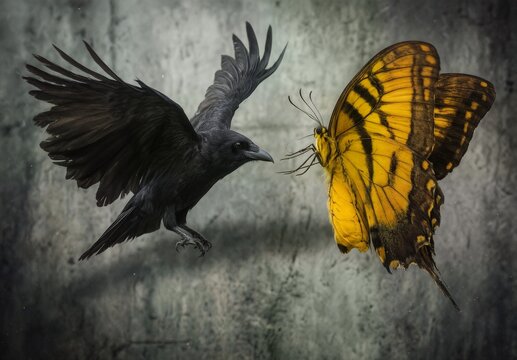 a dramatic raven pursuit of a vibrant yellow swallowtail butterfly in flight.