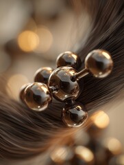 Obraz premium Close-up of a glossy metallic molecular structure embedded in dark brown hair strands with warm bokeh light, concept for cosmetic advertising, scientific research and luxury product packaging