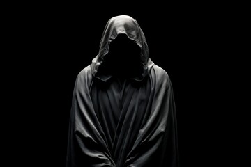 A mysterious figure wearing a dark gray hooded cloak is shrouded in deep shadow against a stark black background, concept for horror movie posters, mortality themes and anonymous threat presentations