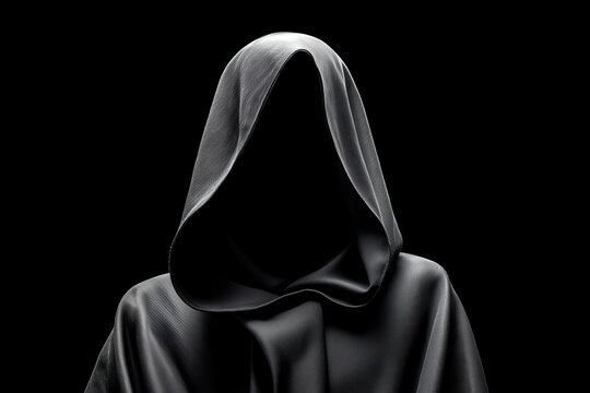 Mysterious 3D figure wearing a black hooded cloak with face obscured against a pure black background, concept for horror illustration, anonymous digital security and dark fantasy marketing