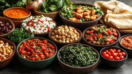 Fototapeta premium Variety of Middle Eastern dishes in bowls on table