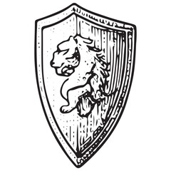 Obraz premium Vintage Lion Shield Illustration, Heraldic Emblem Art, Black and White Engraving