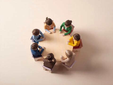 Miniature people in a circle, discussing together, teamwork, collaboration, beige background, soft lighting