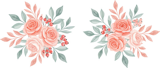 Obraz premium Two symmetrical floral arrangements with pink roses and green leaves on white background for decoration or design