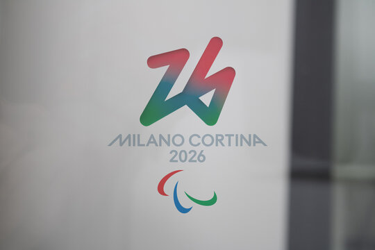 Paralympics Milano Cortina logo on a window, 2026 Winter Paralympics.