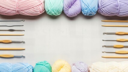 Crochet hooks and colorful yarn arranged on a light background, knitting craft
