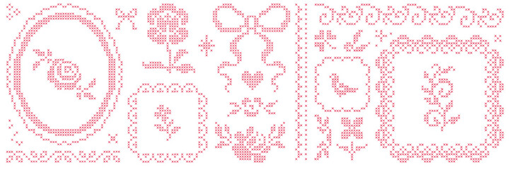 Embroidered cross-stitch element asset pack. Hand drawn retro hatch frame, bow, flower and shape. Vector isolated shape. © gorozhinak