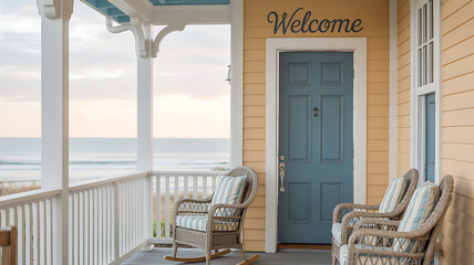 Coastal home porch with wicker chairs, blue door, and 