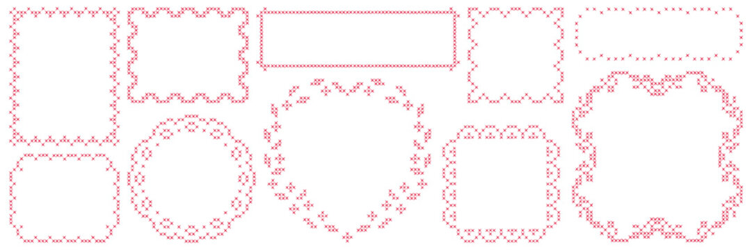 Embroidered cross-stitch border frame asset pack. Hand drawn retro hatch element with leaf, flower and scallop edges. Vector isolated shape.