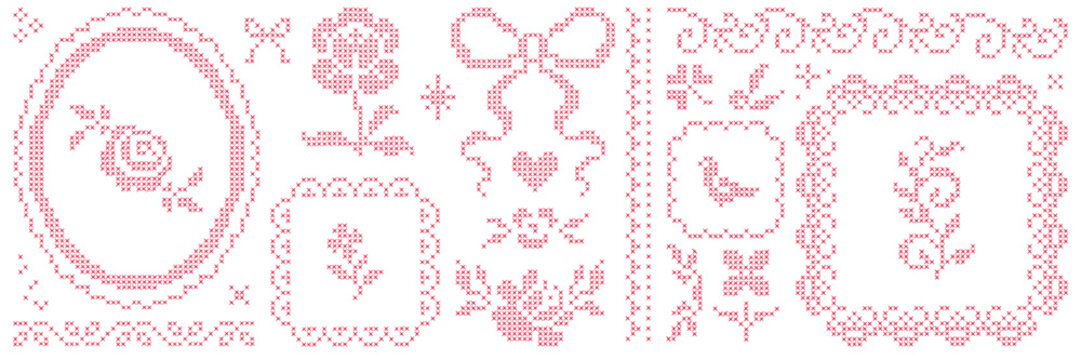 Embroidered cross-stitch element asset pack. Hand drawn retro hatch frame, bow, flower and shape. Vector isolated shape.