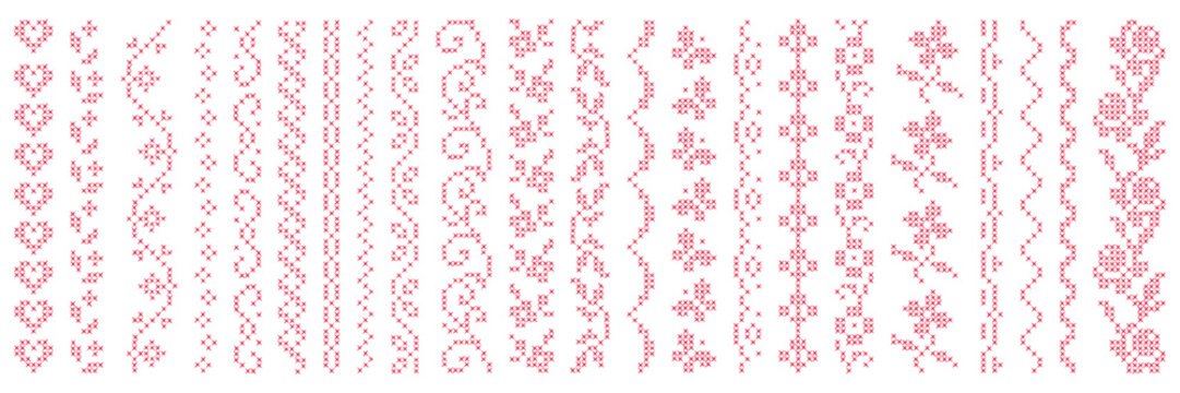 Set of hand drawn cross stitch border. Ethnic folk design for creative projects, card and scrapbooking. Vector isolated elements collection.
